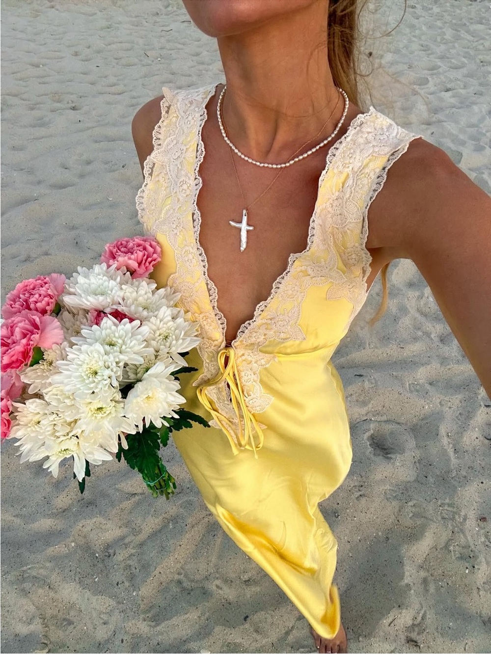 Rumored Yellow Lace-Trim Satin Maxi Dress